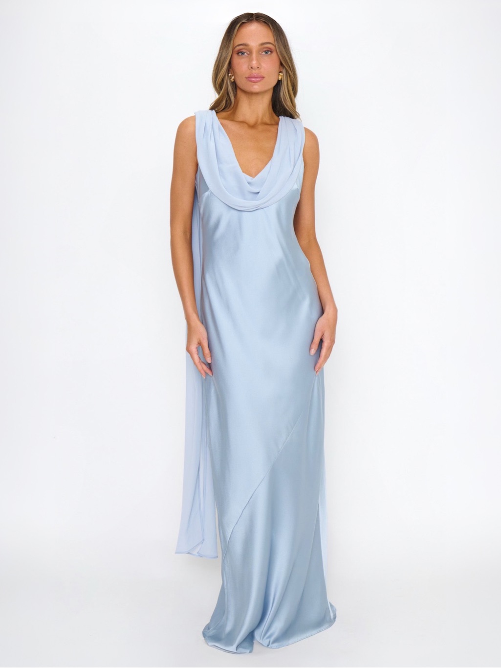 Show Me Your Mumu Maya Cowl Maxi Dress Steel Blue Luxe Satin Sz Xs Msrp $228 New